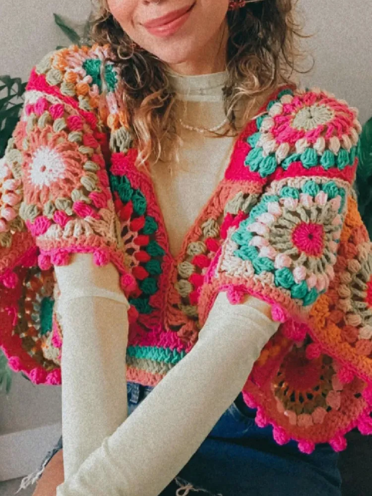 BOHO Hand made Hollow Out Crochet Geometric Short Bat Sleeve Pullovers Women Summer Cropped Tops Retro V neck Holiday Tops