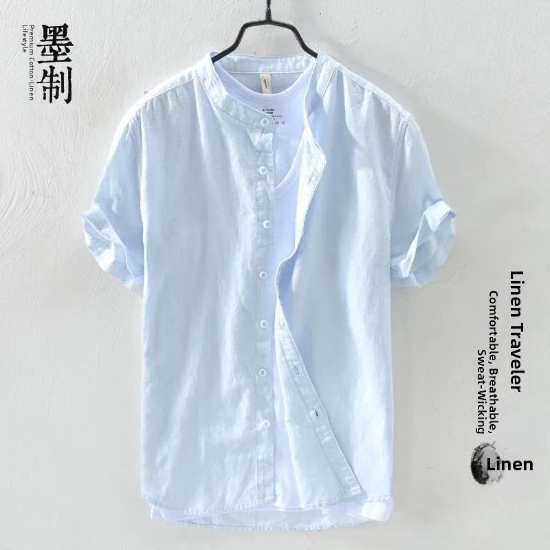 

Cotton Linen Men's Shirt Slim Fit Short Sleeve Stand Collar Casual Breathable Shirt Summer Versatile Casual Shirt