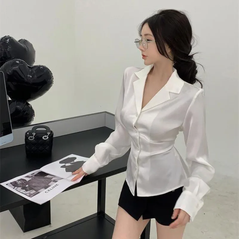 Long Sleeve Shirts Women French Style Elegant Temperament Slim Sexy Office Lady All-match Tops Buttons Solid Simple Streetwear