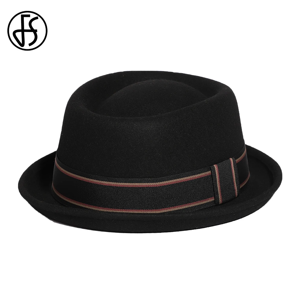 FS Gentlemen 2023 Roll Brim Pork Pie Hats For Men Unisex Simple Black Jazz Cap 100% Wool Fedoras Church Panama Gangsters Caps