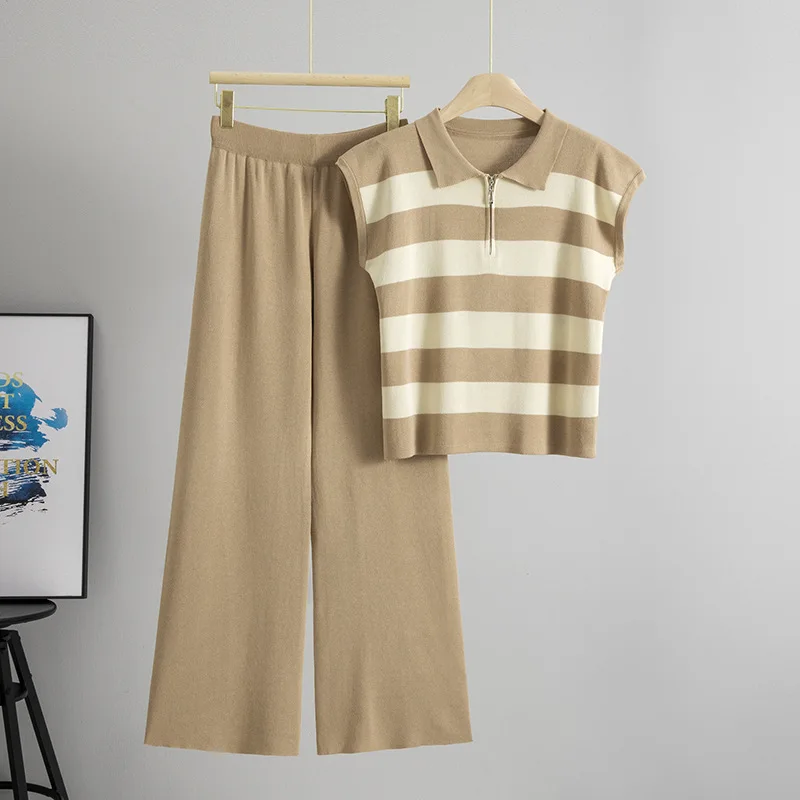 

Женский летний вязаный топ в полоску без рукавов с отложным воротником, пуловеры на молнии с миди на талии, длинные брюки, прямые повседневные B667