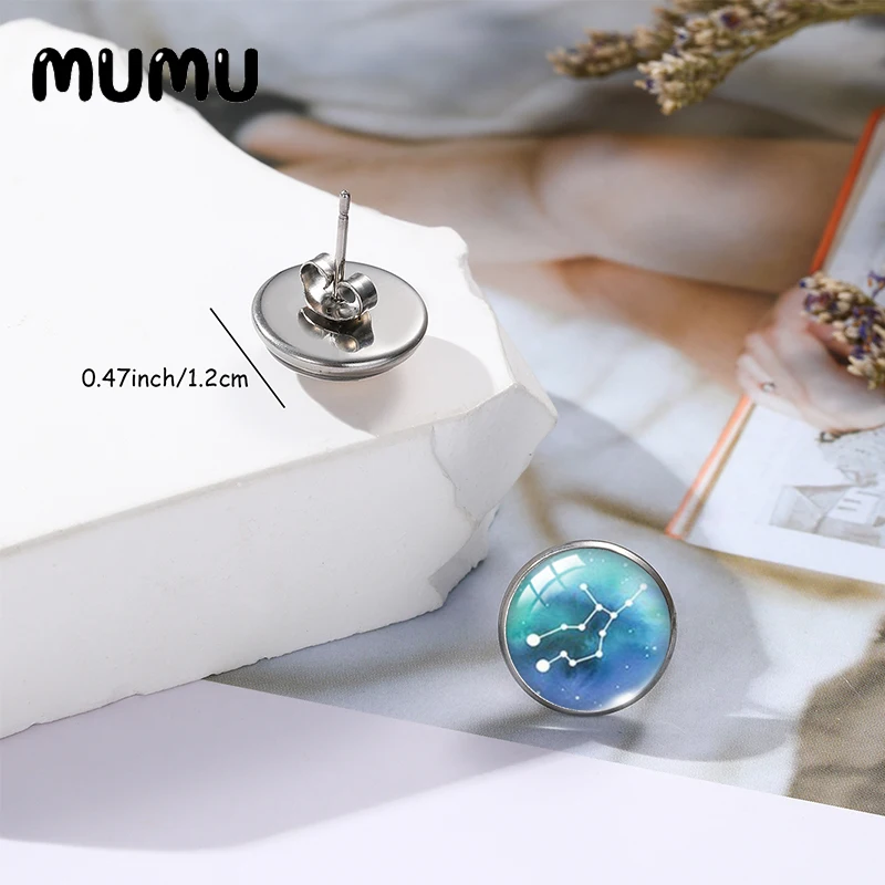 2023 New Zodiac Sign Nebula Stud Earrings Virgo Scorpio Glass Dome Cabochon Jewelry 12mm Round For Freinds