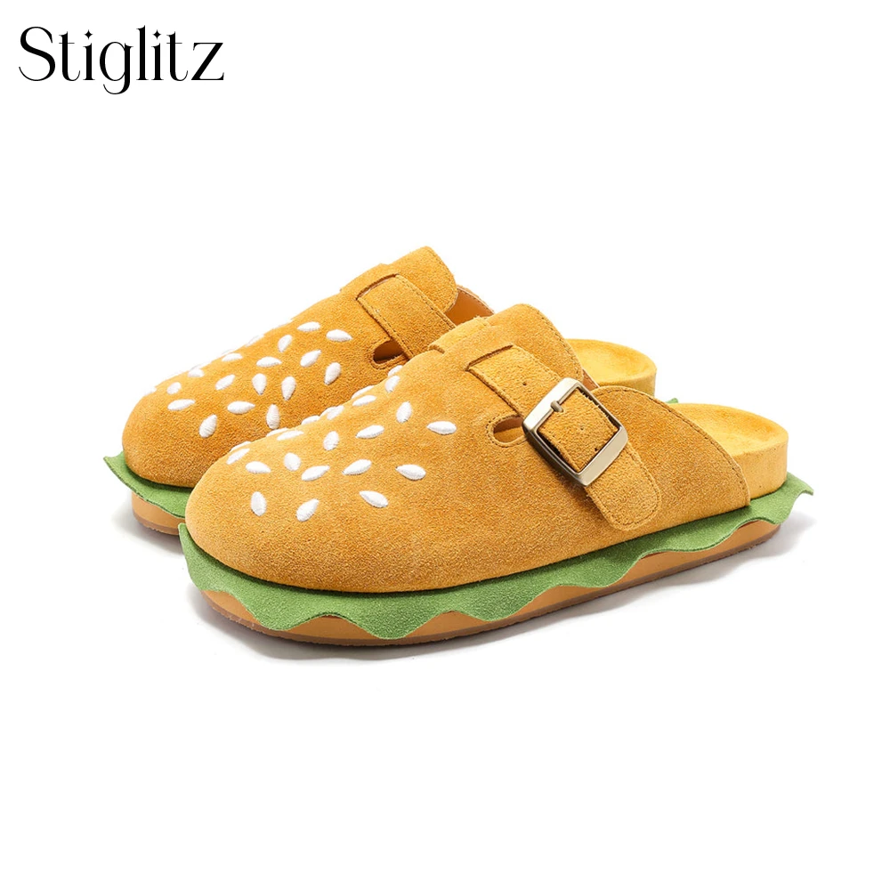 Pantofole per Hamburger per uomo novità stile Designer muli in pelle scamosciata calzature Slip-On Creative chiusure metalliche pantofole nuovi