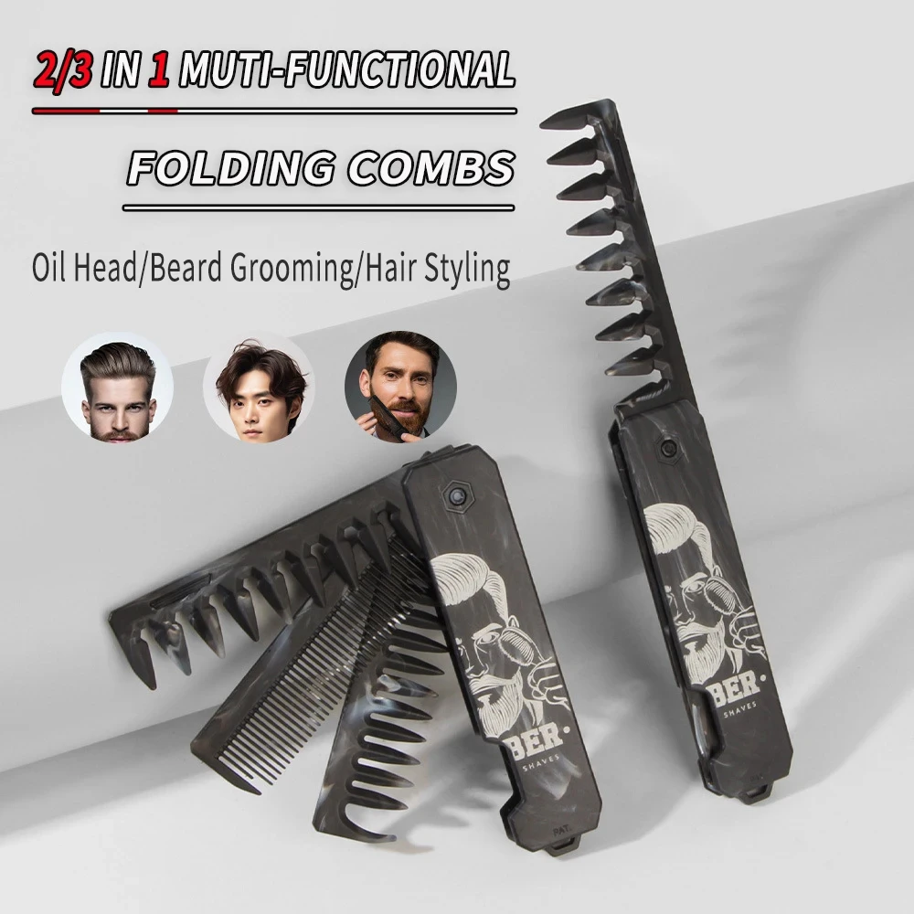 5Pcs Barber Styling Set Marble 2/3 in 1 Folding Comb Mini Rotate Fade Brush Pocket Beard Comb Triangle Spinning Combs For Men