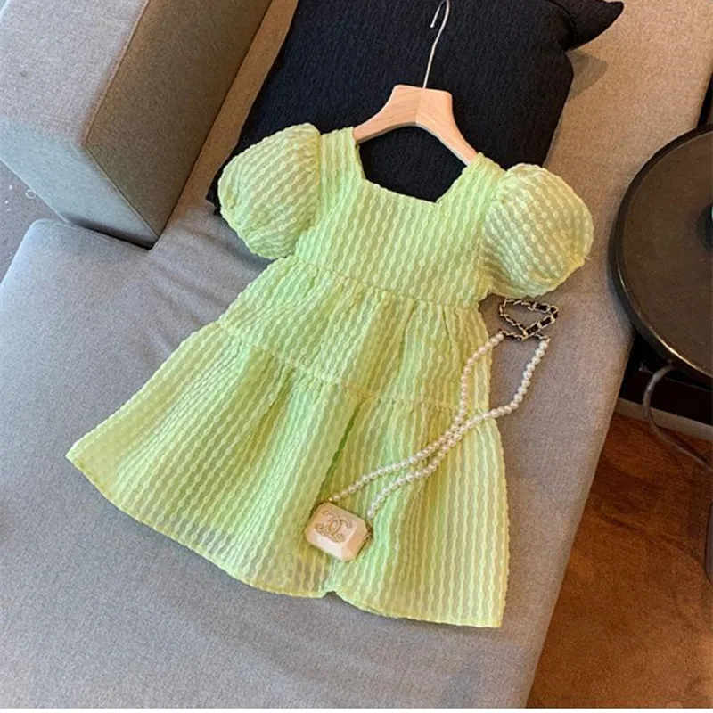 Girls' Summer Dress 2023 New Children's Open Back Bow Princess Dress Baby Fashionable Bubble Sleeve Dress