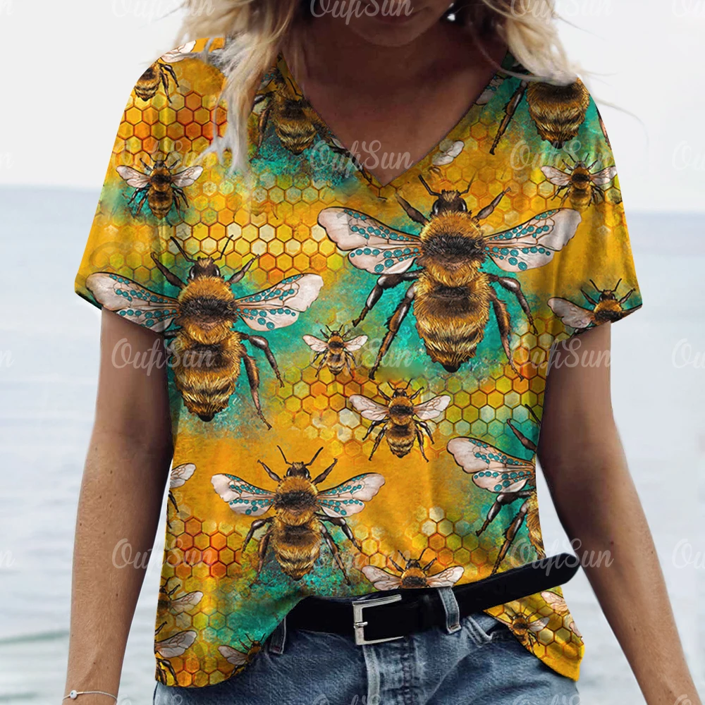 Summer Women\'s T-Shirt Vintage Bee Print Tops Natural Scenery V Neck Pullover Short Sleeve Loose Daily Casual Design Clothing