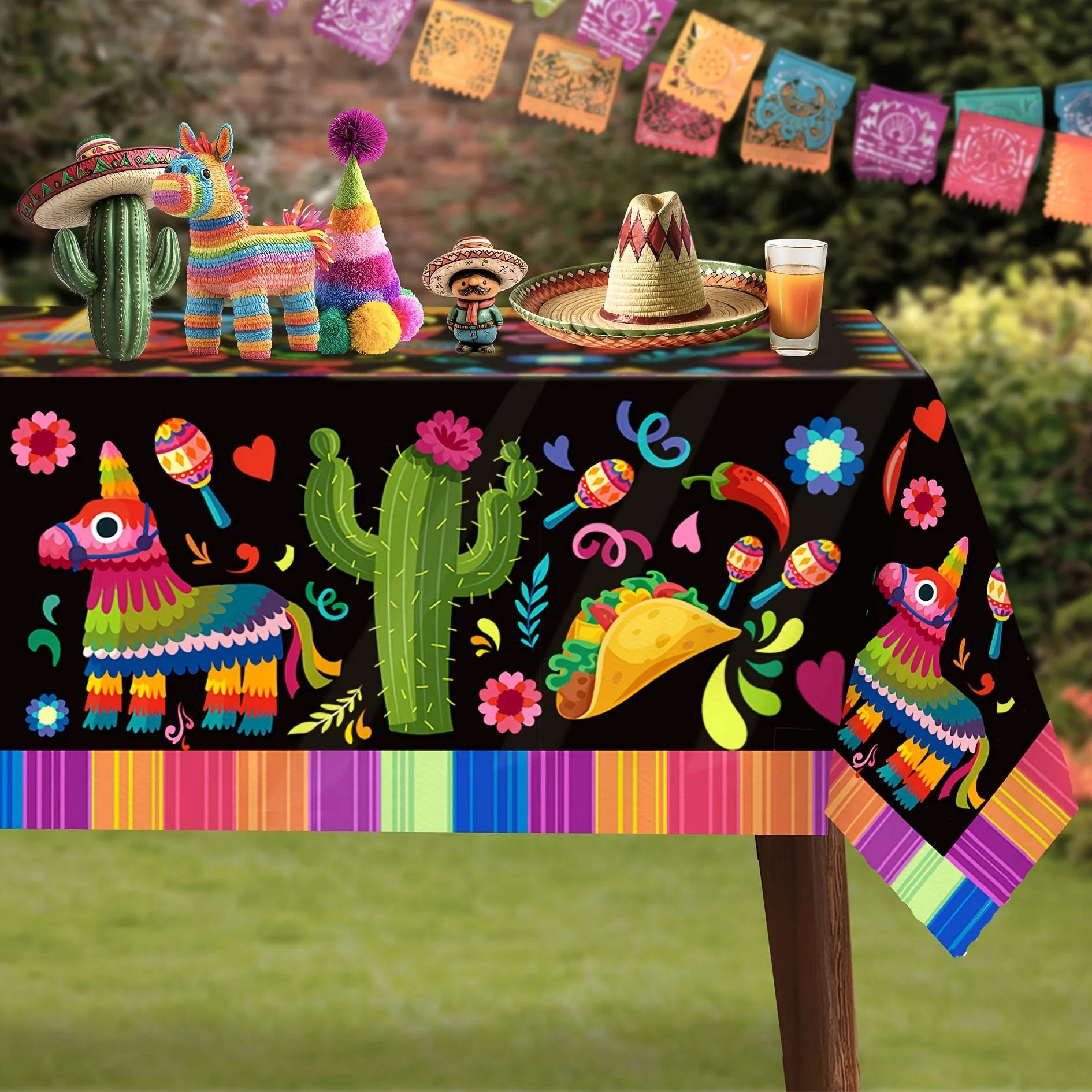 Halloween, Christmas, one Mexican-style tablecloth - black background with bright floral patterns
