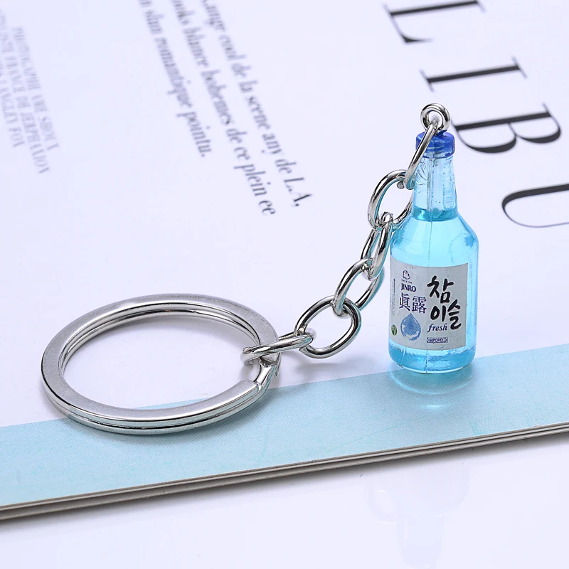 Korea Fashion Glass Drink Bottle Keychain Simulation Resin Bottle Trinket Women Keyring Spring Ring Jewelry Pendant Gift Souveni