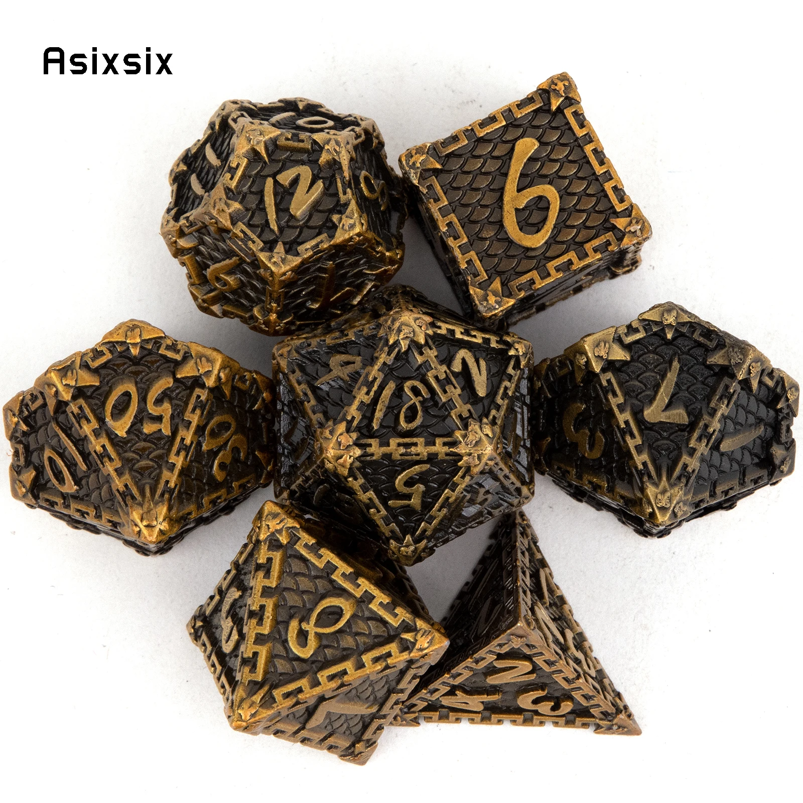 7 Pcs Copper Fish Scale Metal Dice Solid Metal Polyhedral Dice Set Suitable for Role-Playing RPG  Board Game Card Game