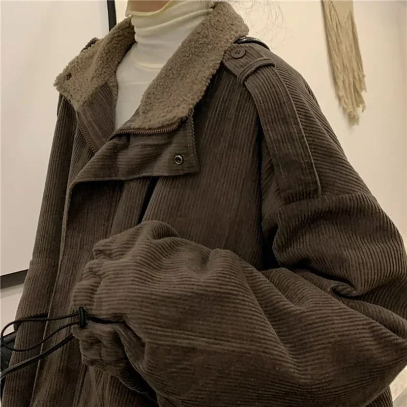 Brown Double Pockets Corduroy Jackets for Women Thick Warm Winter Loose Pocket Patchwork Oversized Coats Casual Harajuku Outwear