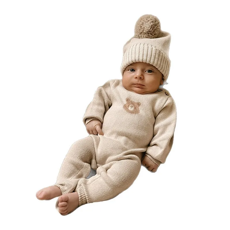 2025 الخريف جديد طفل طويل الأكمام محبوك رومبير قبعة القطن الرضع صبي فتاة الدب سترة بذلة الوليد طفل الملابس 0-24 متر