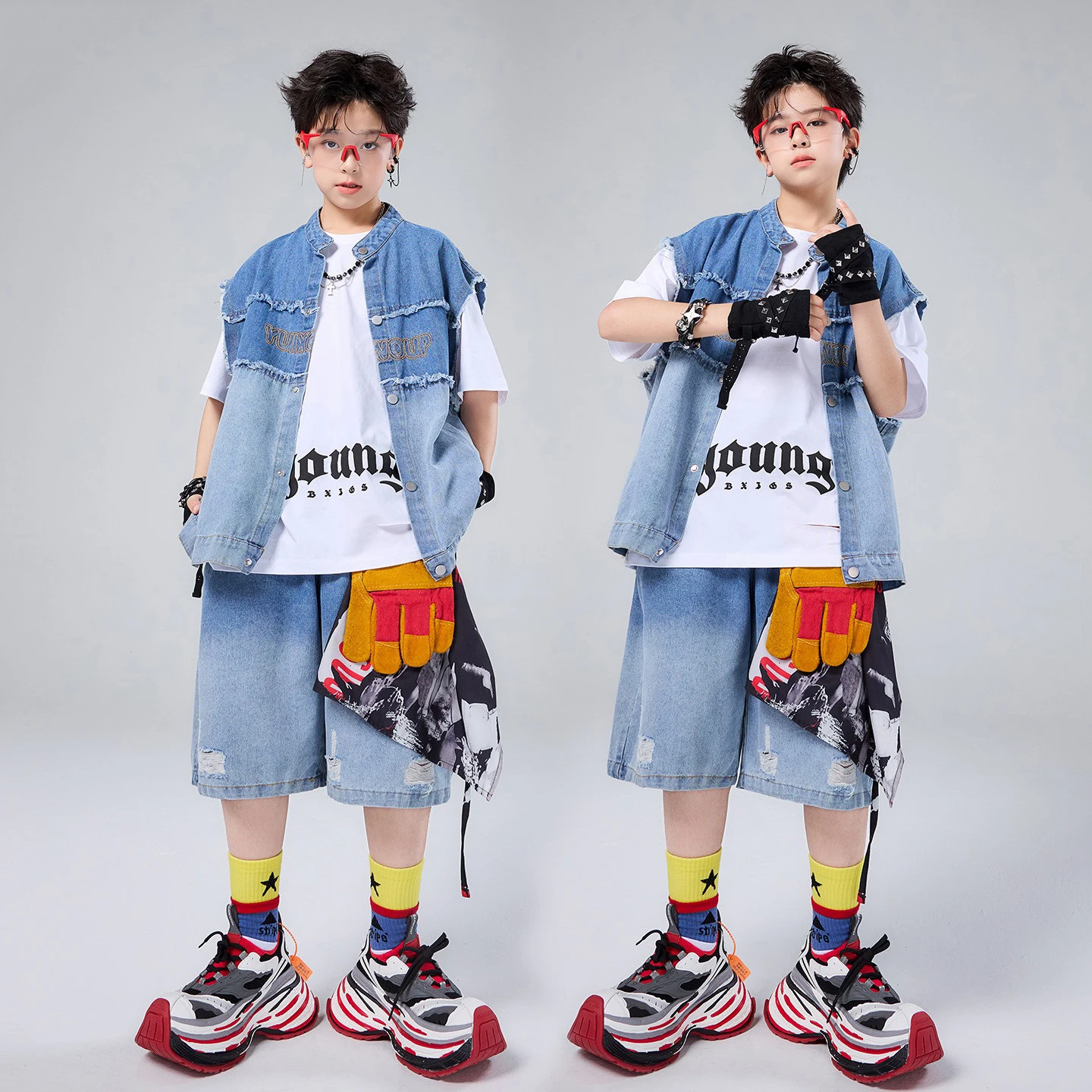 Boys Hip Hop Dance Clothes Denim Vest Shorts Children Street Dance Performance Costume Summer Poppin Dance Clothing Suit BL19878