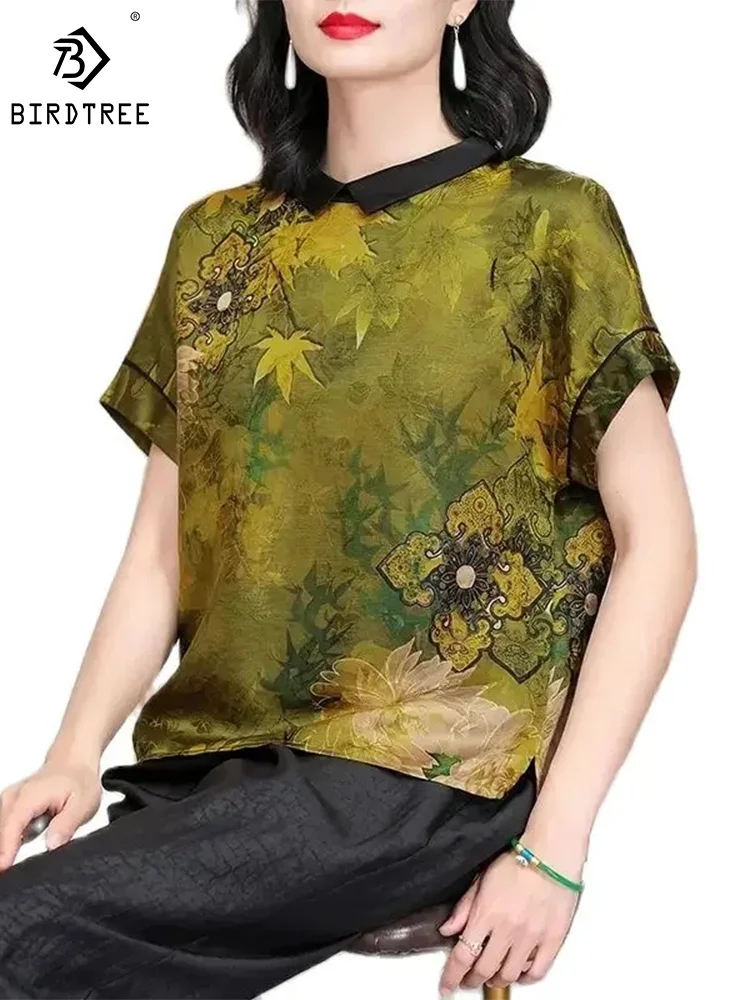 

BirdTree,T-Shirt for Women,100%Real Silk Watered Gauze,Short Sleeve Print,Elegant Retro Blouses,2024 Spring Top,T42317QM