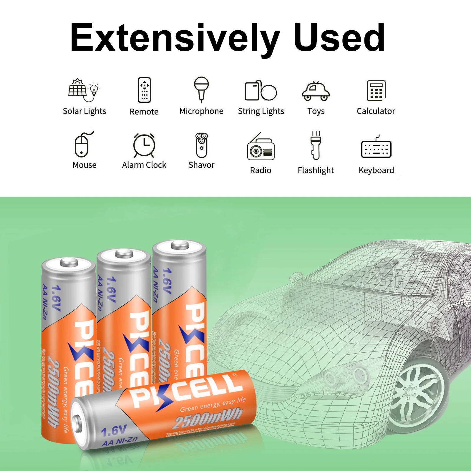 PKCELL-pilas AA recargables ni-zn, pilas de níquel-Zinc, 1,6 V, 2500mWh, para linterna, cámara de juguete, lote de 8 unidades