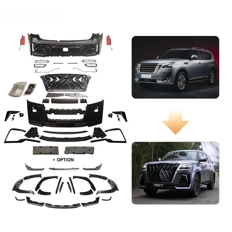 

Автомобильные аксессуары: Комплект обвесов Black Hawk Edition из ABS-пластика для переднего и заднего бампера и решетки радиатора для Nissan Patrol Y62 2020-2021 годов