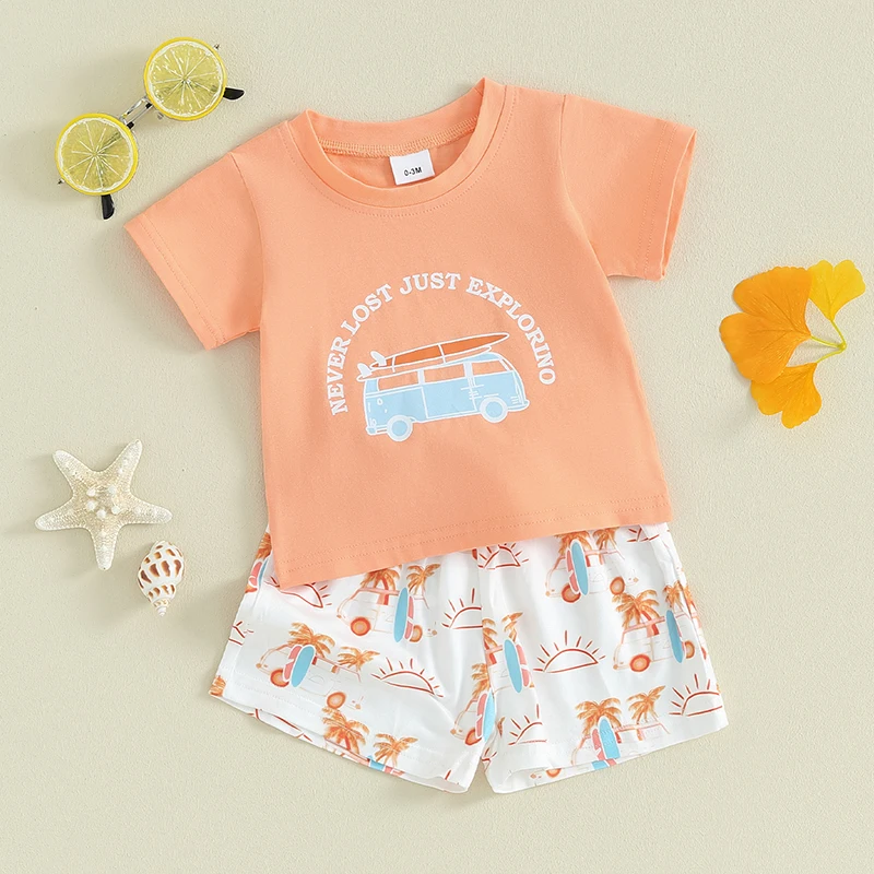 

Baby Boy Girl Summer Outfit Beach Style Letter Bus Print Crew Neck Short Sleeve T-Shirts Tops Shorts 2Pcs Clothes Set