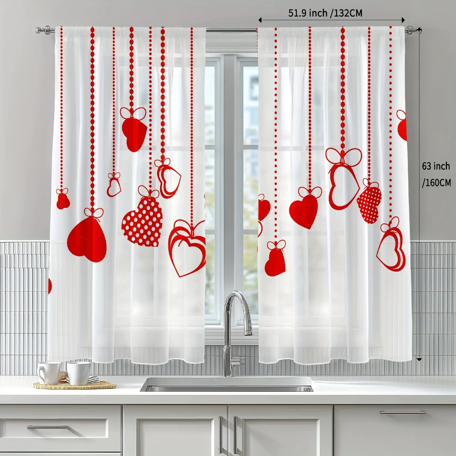 2PCS Digital Print Sheer Curtains, Red Heart String Chain, Romantic Linked Hearts Love for Bedroom Living Room Home Decor