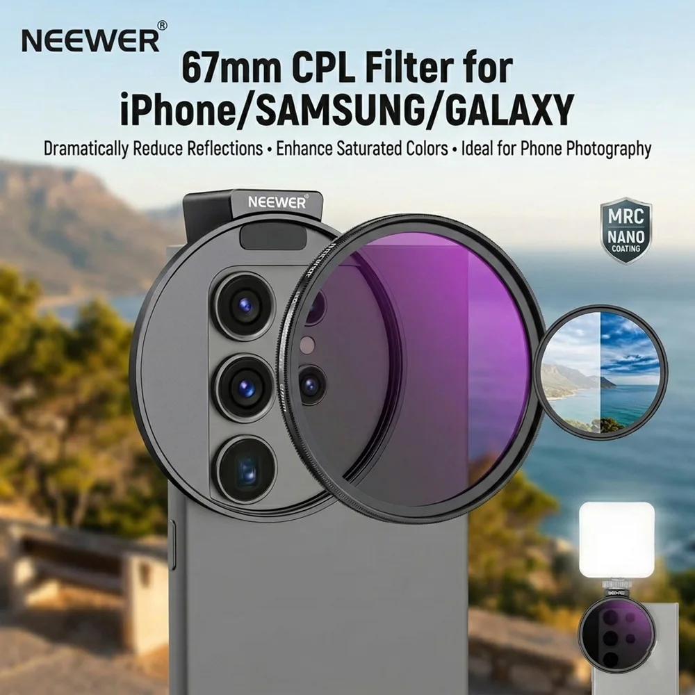 NEEWER 67mm CPL Filter with Metal Cold Shoe Clip Anti Reflection HD Optical Glass Polarizer for iPhone 14 15 16 17 Pro Samsung