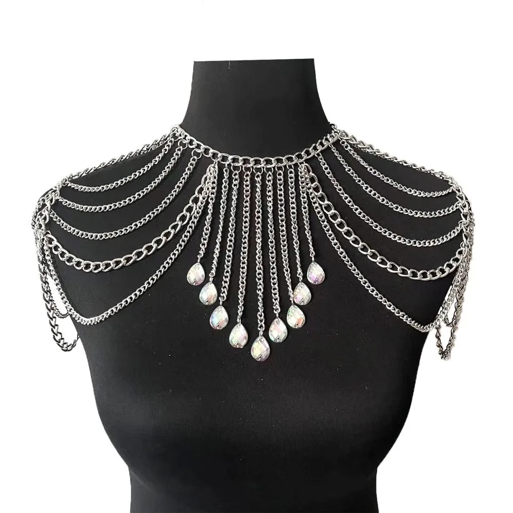 Metal Rhinestone Shoulder Necklace Gold/Silver Multi-layer Bridal Tassel Necklace Jewelry Fringed Shoulder Body Chain