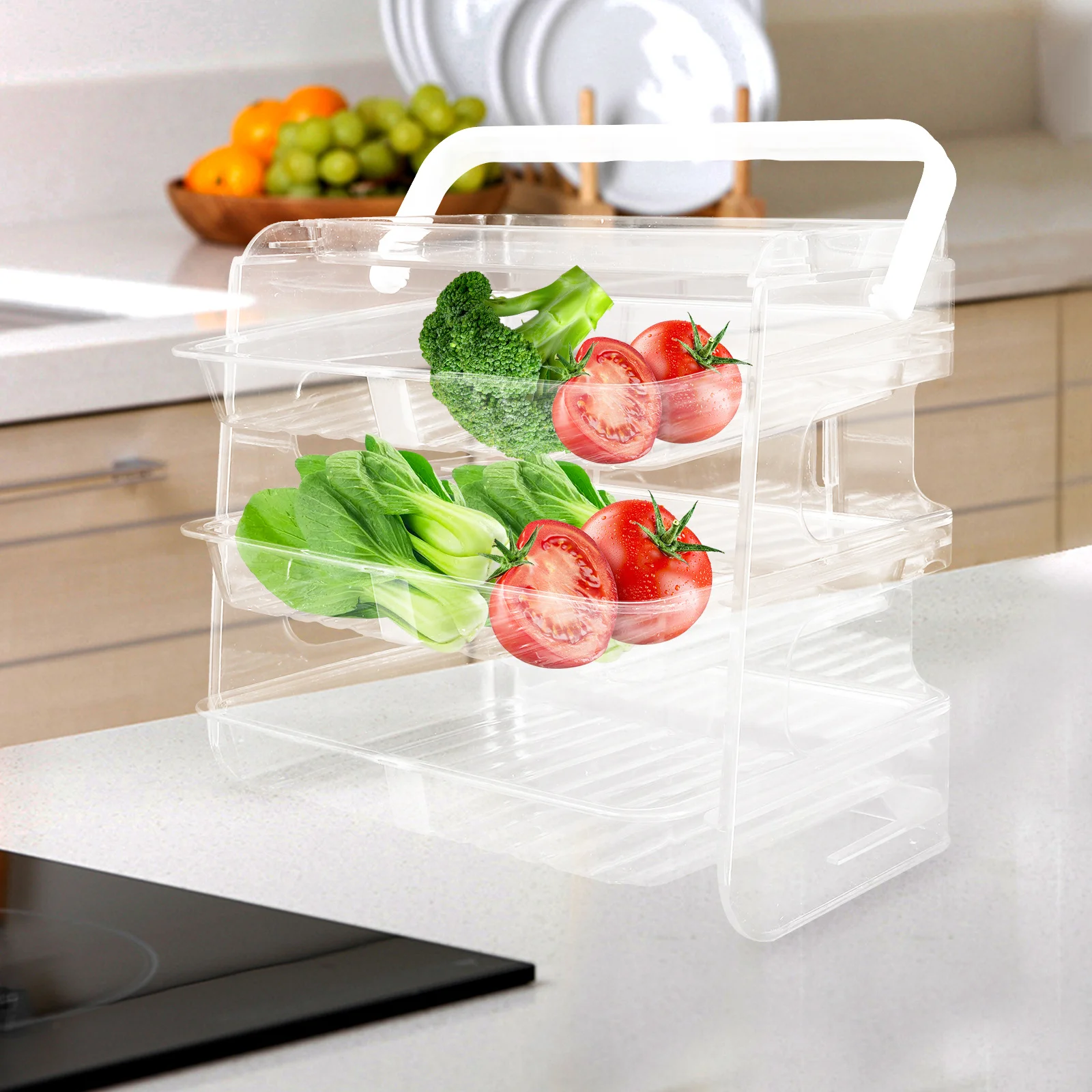 

Multi-Layer Kitchen Food Preparation Plate Rack Transparent Three-Tier Storage Holder Punch-Free Drawer Design Space-Saving