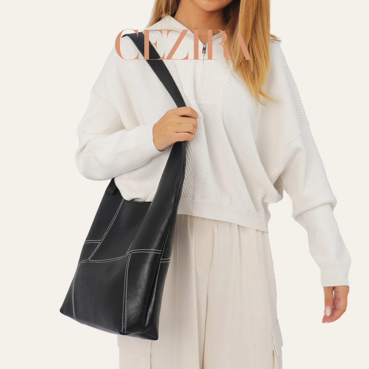 CR Luxury Thread Design PU Vegan Leather Hobo Bag For Women Large Casual Shoulder Handbag Purse Travel Commute College Use Gift