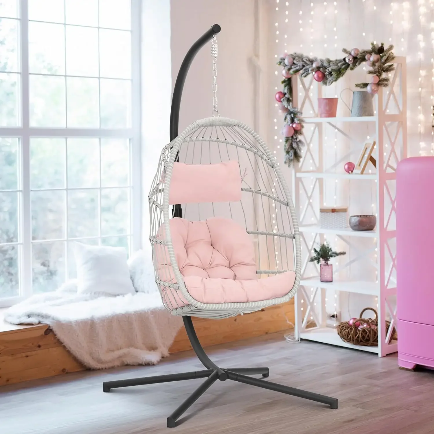 Pink Egg Chair with Stand Indoor Outdoor  Egg Chair, Patio Wicker Hanging Chair with Stand Hammock Egg Chairs with UV