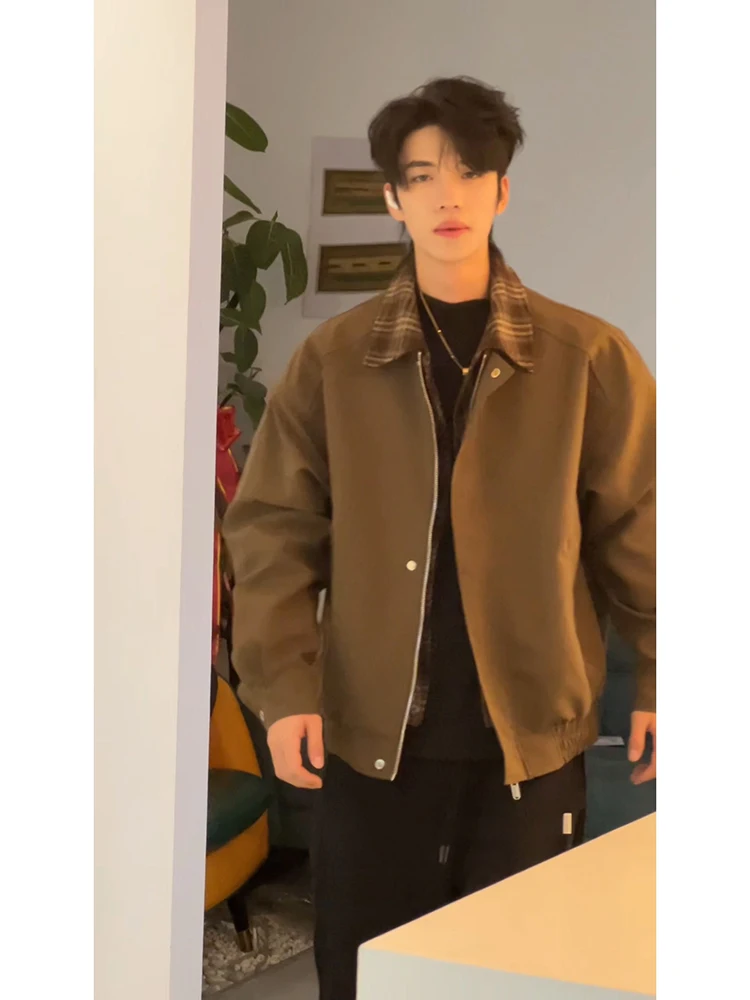 

Куртка-бомбер мужская винтажная в американском стиле с откидным воротником, коричневая, из полиэфирного волокна, для весны и осени