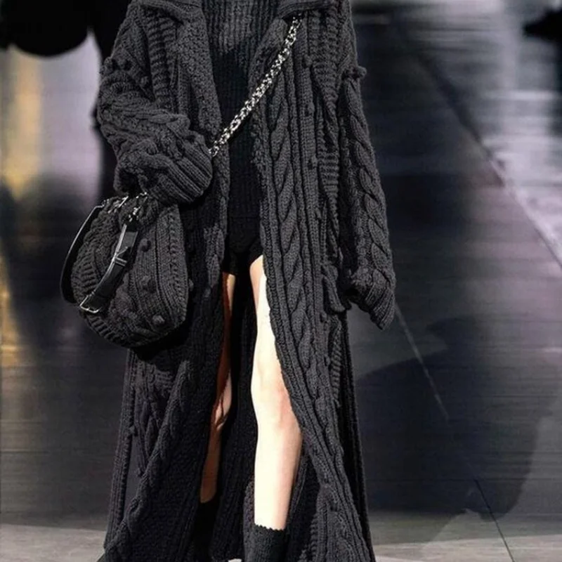 フレンチスタイル黒ヴィンテージロングカーディガン女性秋冬厚手ルーズニットセーターカジュアルオーバーサイズカーディガン