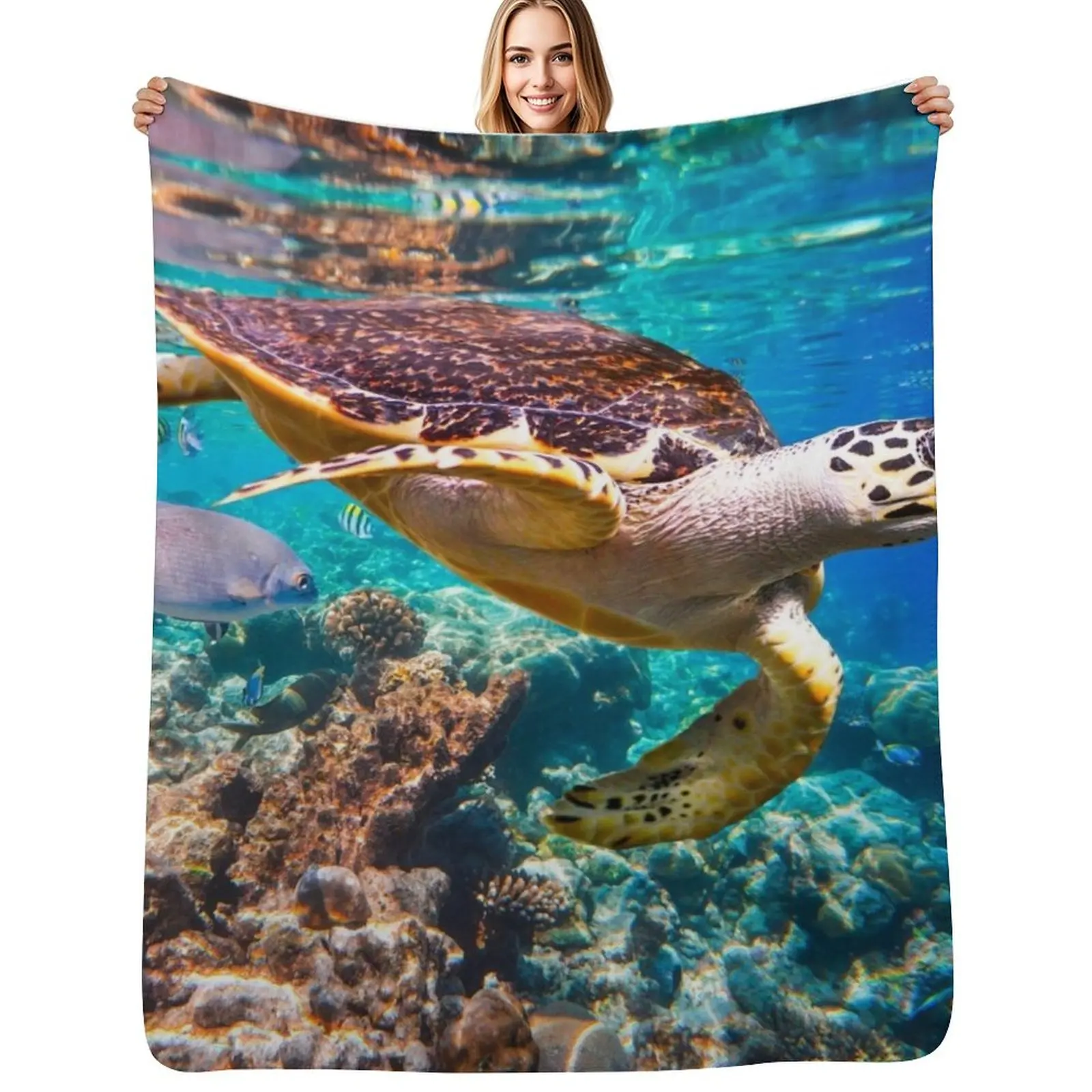 

Sea Turtle and Fish Design Throw Blanket Plaid Decorative Sofa wednesday Soft Plaid Blankets