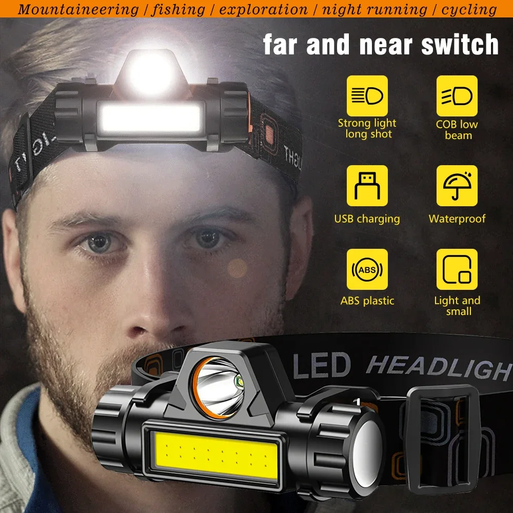 2pcs USB Fast Rechargeable Headlamp Dual light source multifunctional Headlight 90W XPE M06 Front Light  Working Fishing