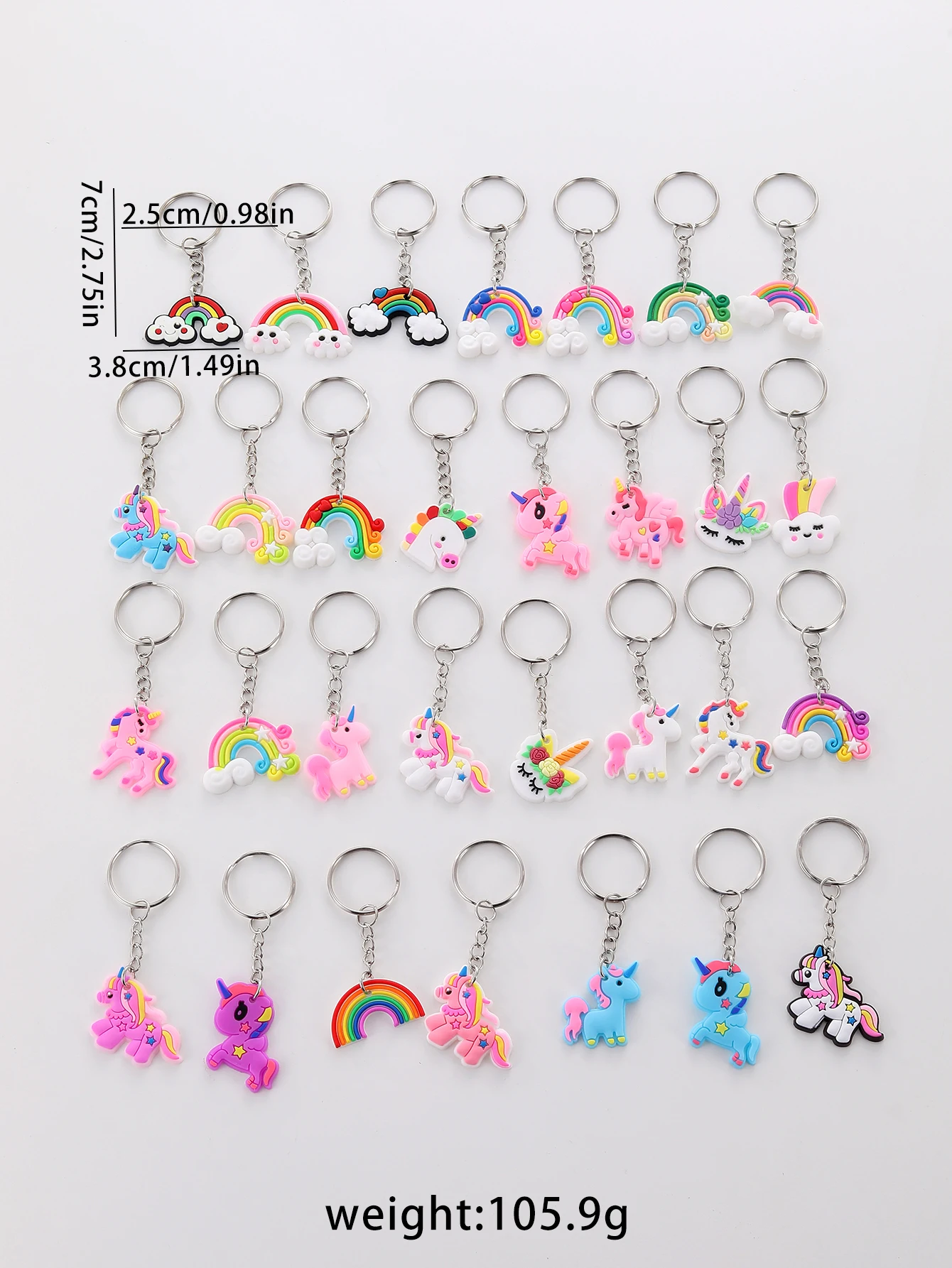 30pcs Unicorn Rainbow Keychain Cute PVC Key Chain Ring Purse Bag Backpack Charm Festival Party Favors Accessories Christmas Gift