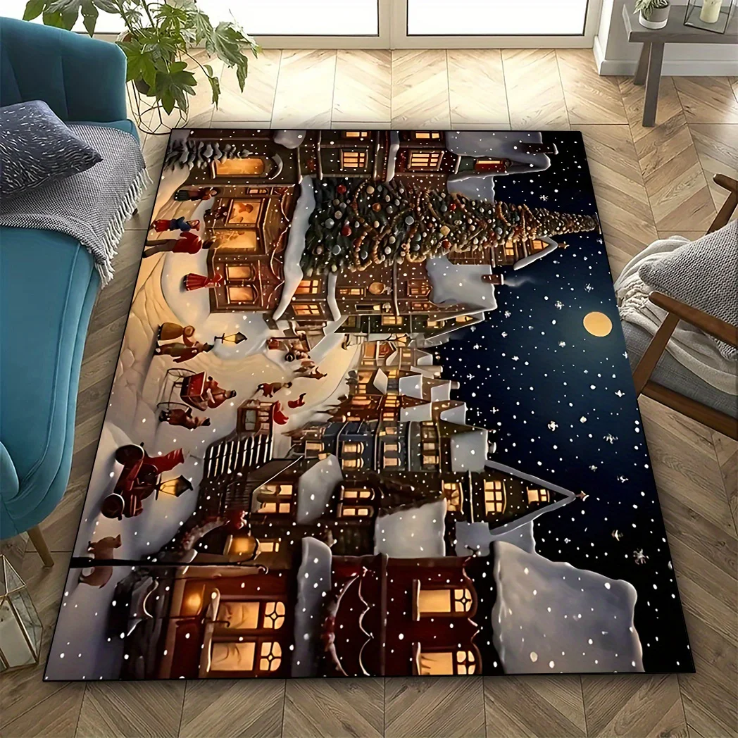 1pc Large Christmas Snow Village Scene Area Rug, Illuminated Houses Star Moon Festive Night Design, Washable, Cozy Holiday