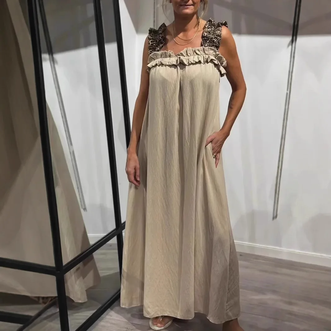 

Новинка 2026: Женское повседневное платье-комбинация из хлопка и льна с леопардовым принтом, пэчворком и карманами