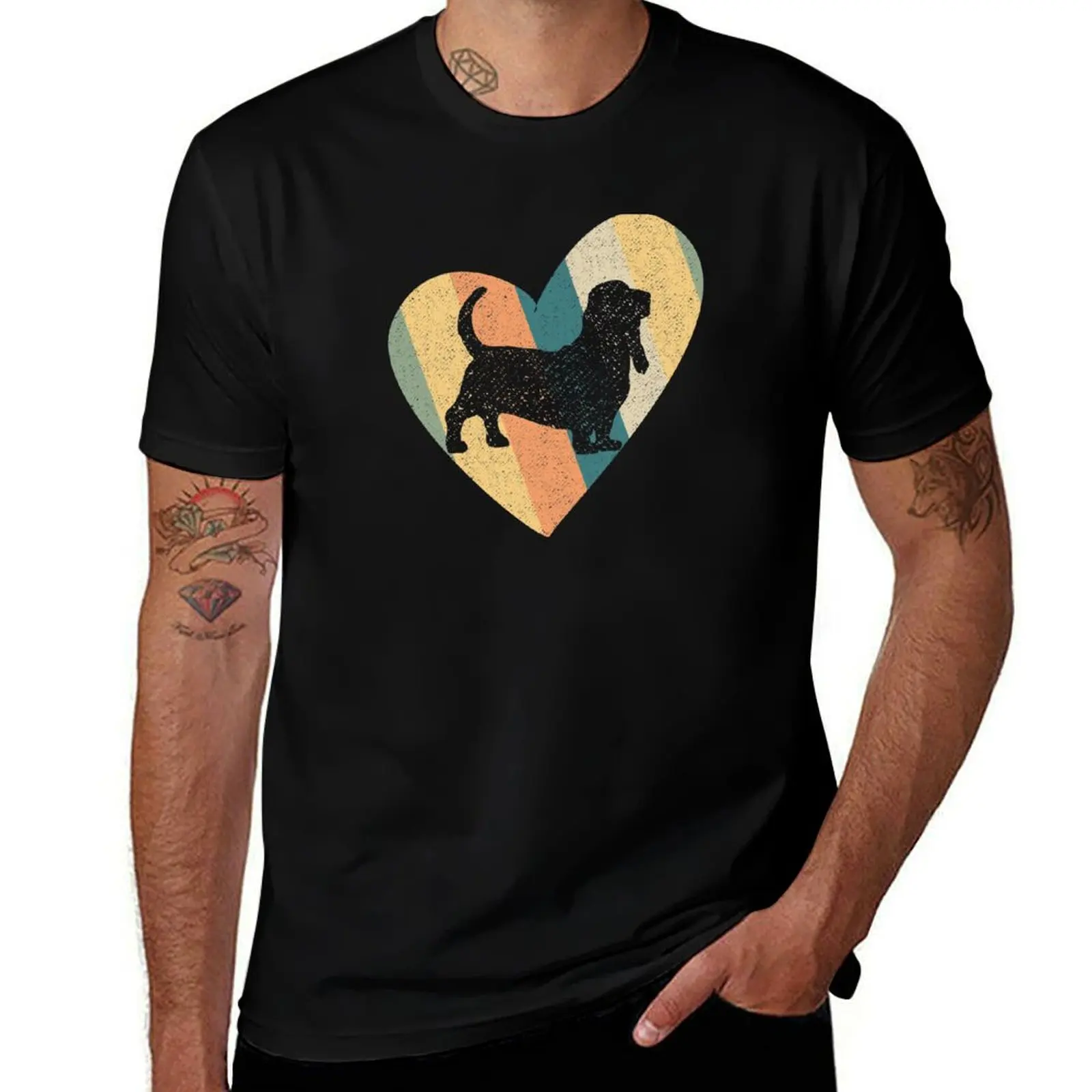 Basset hound dog inside of big vintage heart cute and funny graphic retro rainbow T-Shirt