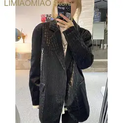 New Women motorcycle leather PU imitation leather loose coat harajuku style snake pattern printing black jackets