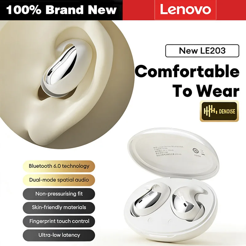 Lenovo Original New LE203 Sleep Wireless Earphones Invisible Stereo Headphones Small Comfortable In-Ear Earbuds Long Endurance