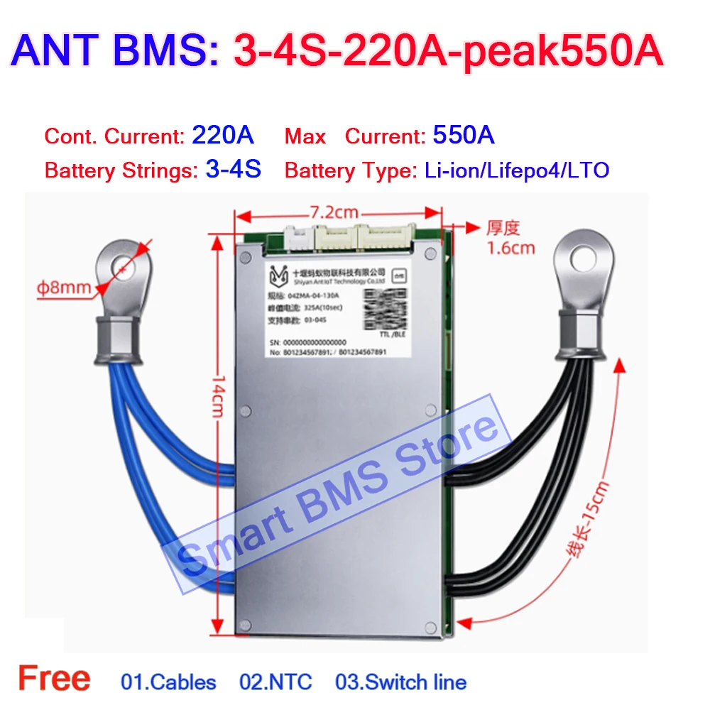 ANT BMS SMART 3S 4S 12V 130A 220A 400A Peak 325A 550A 1000A within BT Apps BMS for Lifepo4 li ion LTO Battery with Balance