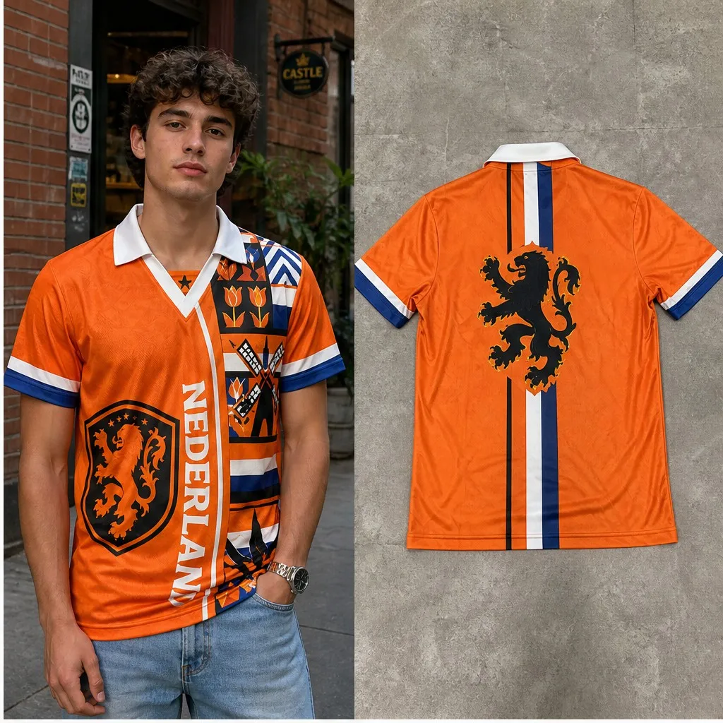 Mens Nederland Lion Tulip Windmill Graphic Semi Polo V Neck T Shirt Short Sleeve Casual Orange Dutch Pride Jersey Top Casual Fit