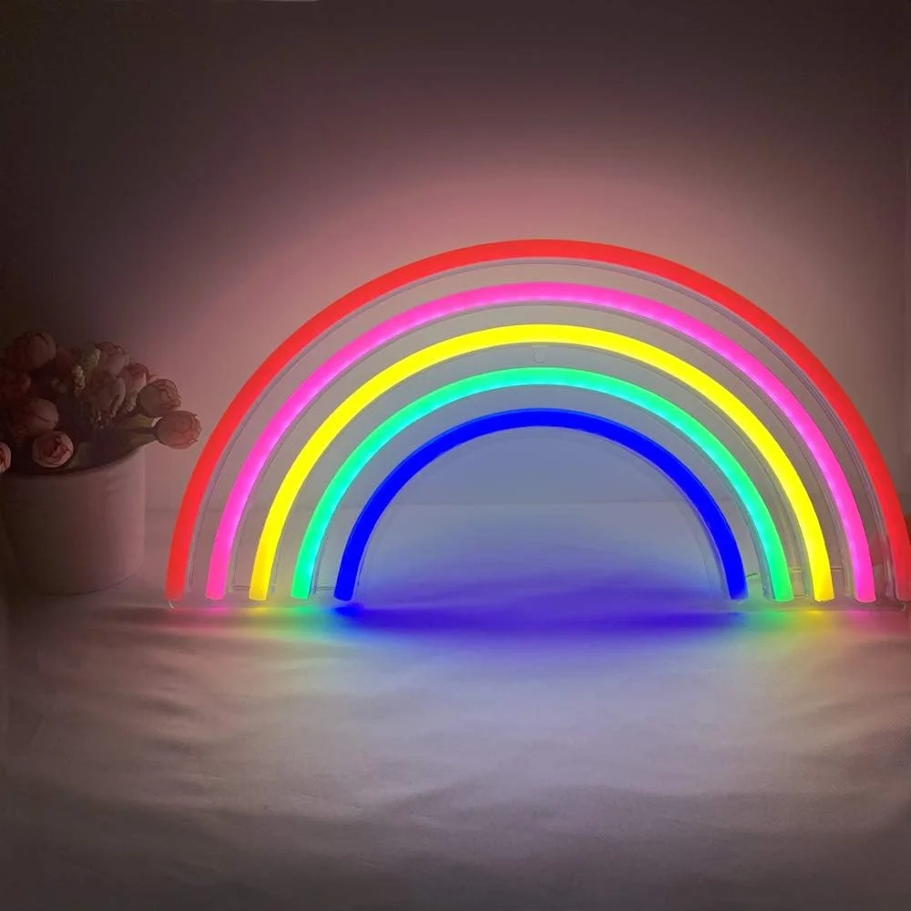 Rainbow Neon Sign Bedroom Hanging Wall Party Christmas Home Decor Multi Color Colorful Night Light Neon Lamp USB Power 15*7 Inch