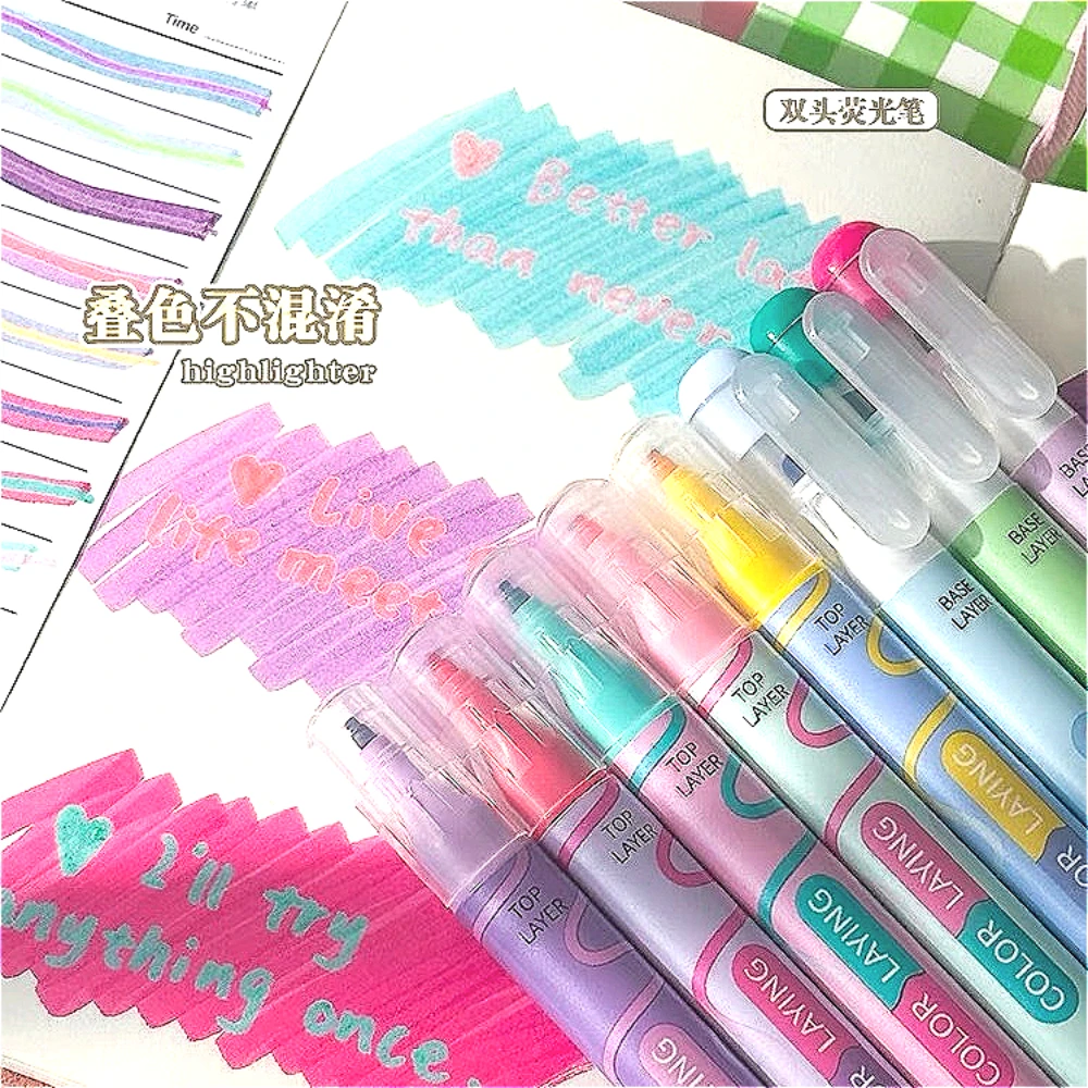 8PCS Glitter Layering Pen, Dual-Ended Makers, Color Highlighters, Student Colorful Art Pen, Oval Pen Barrel Blending Pen