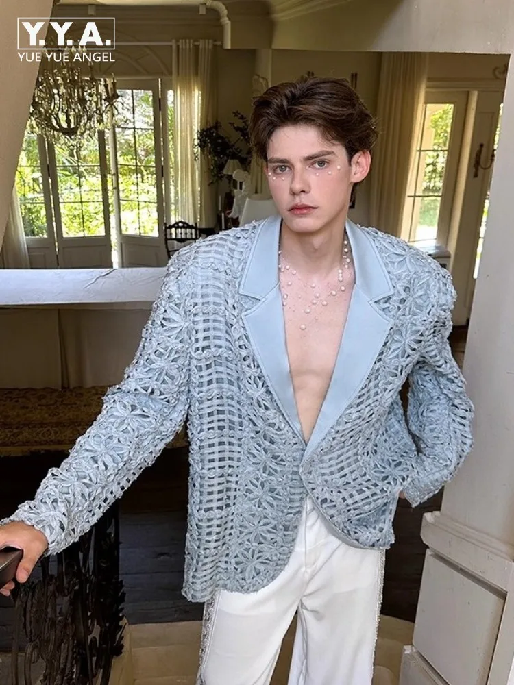 

Men Loose Fit Blazers Autumn Chic Hollow Out Flower Design Casual Suit Jacket Long Sleeve Single Button Coat Fashion Outerwear