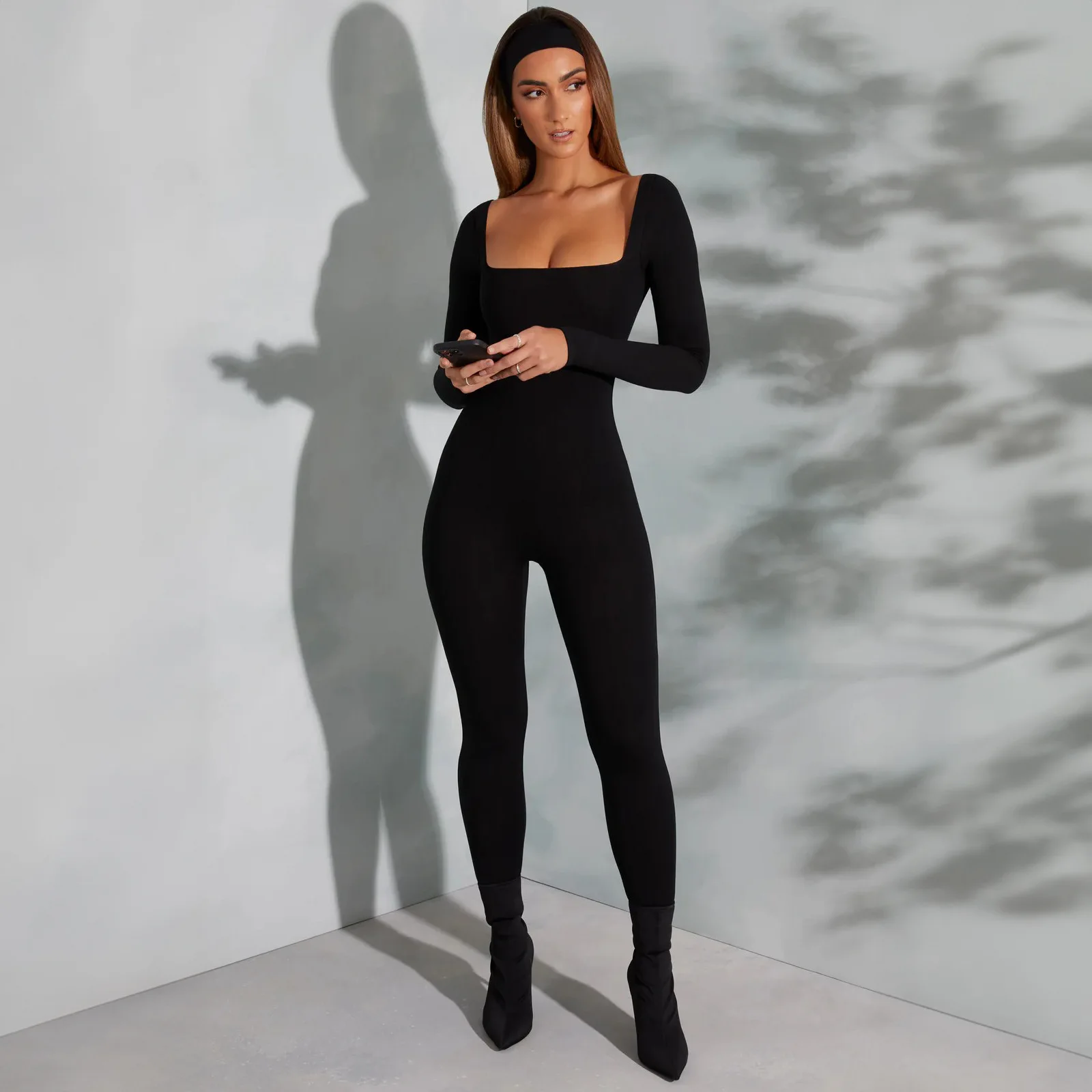 2025 Fashion New Style Casual Elegant Solid Color Sexy Long Sleeve Tight Waist Waist And Butt Lifting Square Neck Jumpsuit