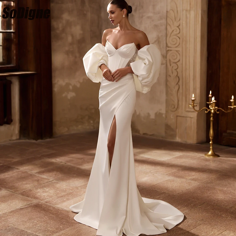 

﻿ SoDigne Mermaid Satin Wedding Dresses Sweetheart Bridal Dress 2026 Split Long Bride Gown vestidos de novia Customized