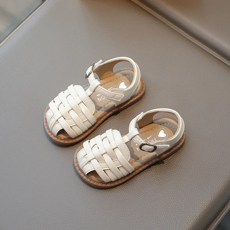 Toddler Girls’ Closed-Toe Woven Sandals – PU Leather Strap, EVA Soft Sole & TPR Outsole, Adjustable Buckle