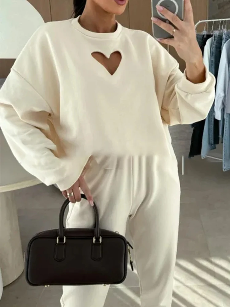 Feminino o pescoço manga comprida moletom e calças 2 peça conjunto simples casual outono terno esportivo novo 2025 solto roupa de fitness