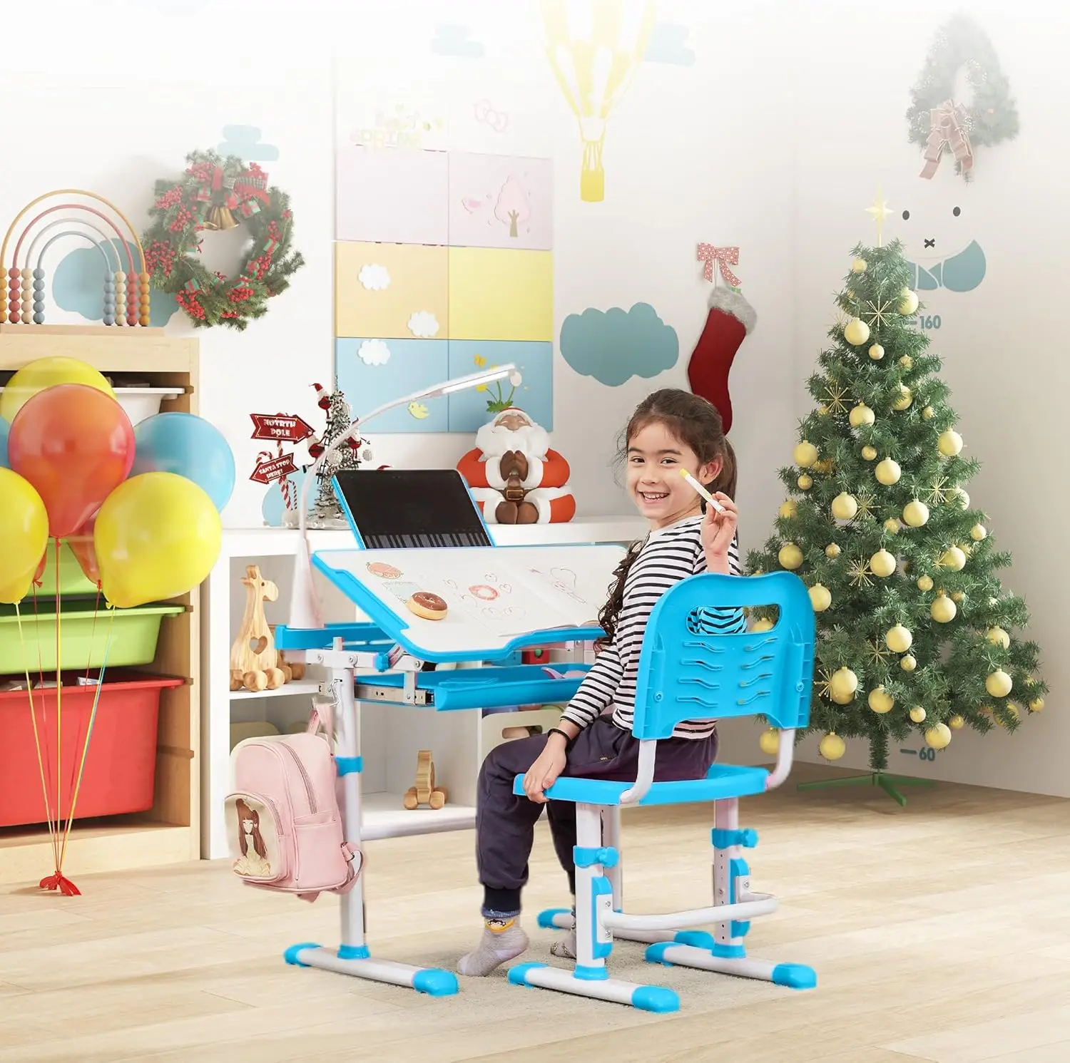 طقم مكتب وكرسي للأطفال، طاولات مدرسية متعددة الوظائف للأطفال مع سطح مكتب، إضاءة LED، خطاف معدني أزرق