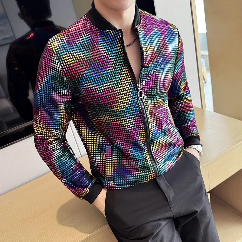 Men's Colorful Sequins Jacket Spring Autumn Zipper Slim Shiny Men Jackets Coats Disco Party Dance Nightclub Jaquetas Masculina