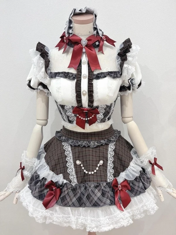 

Summer New High Waist Plaid Puffy Skirt Set with Bow Knot Design Japanese College Style Lolita Wind Women's Fashion Ensemble