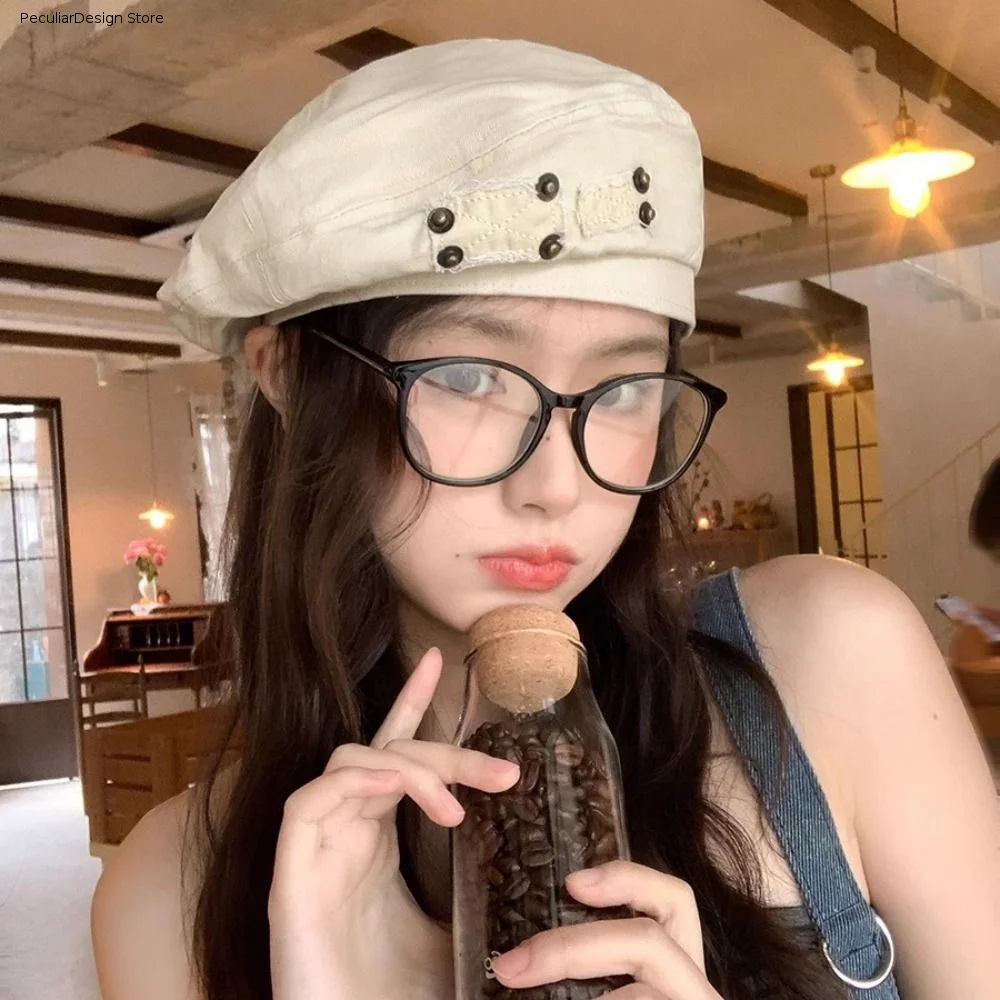 Adjustable Japanese Style Washed Cotton Demin Berets Retro Rivet Patch Painter Hat Khaki Literary Artist Cap Outdoor
