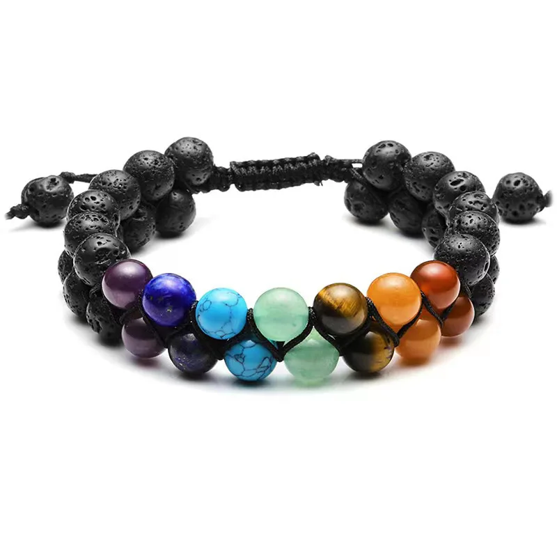 7-Chakra-Perlen-Yoga-Meditationsarmband, Heilendes Doppelschicht-Perlenarmband aus Naturstein, Verstellbares Seilarmband für Damen und Herren, Schmuck – Detail 2